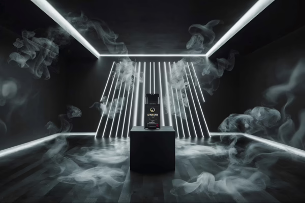 Ilustrasi brand liquid vape lokal yang berada di tengah asap dan dalam botol hitam